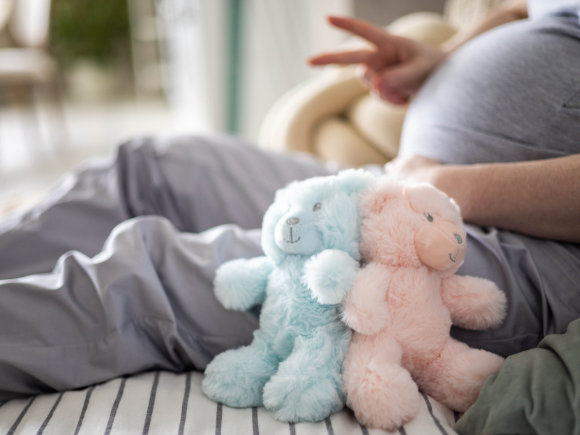 a blue and pink teddy bear and a pregnant woman showing two fingers