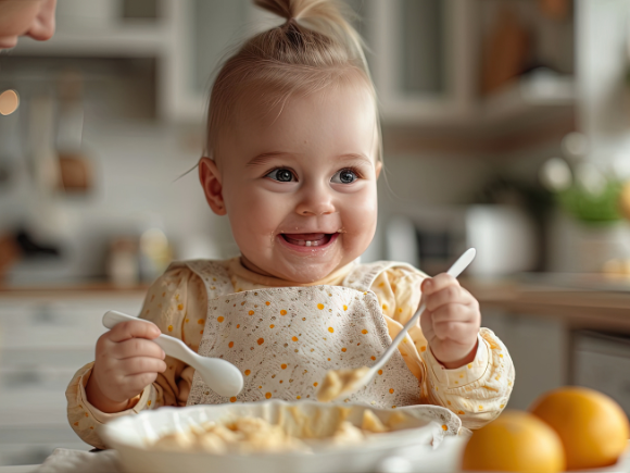 toddler girl smiling eating with 2 spoons