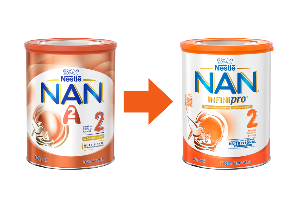 NAN A2 Stage 2 follow-on formula is now called NAN INFINIpro Stage 2 follow-on formula. 