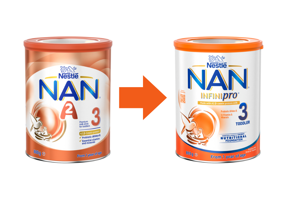 NAN A2 Stage 3 toddler milk drink is now called NAN INFINIpro Stage 3 toddler milk drink.