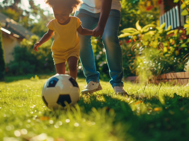 Toddler girl kicking the soccer ball while holding parents hand